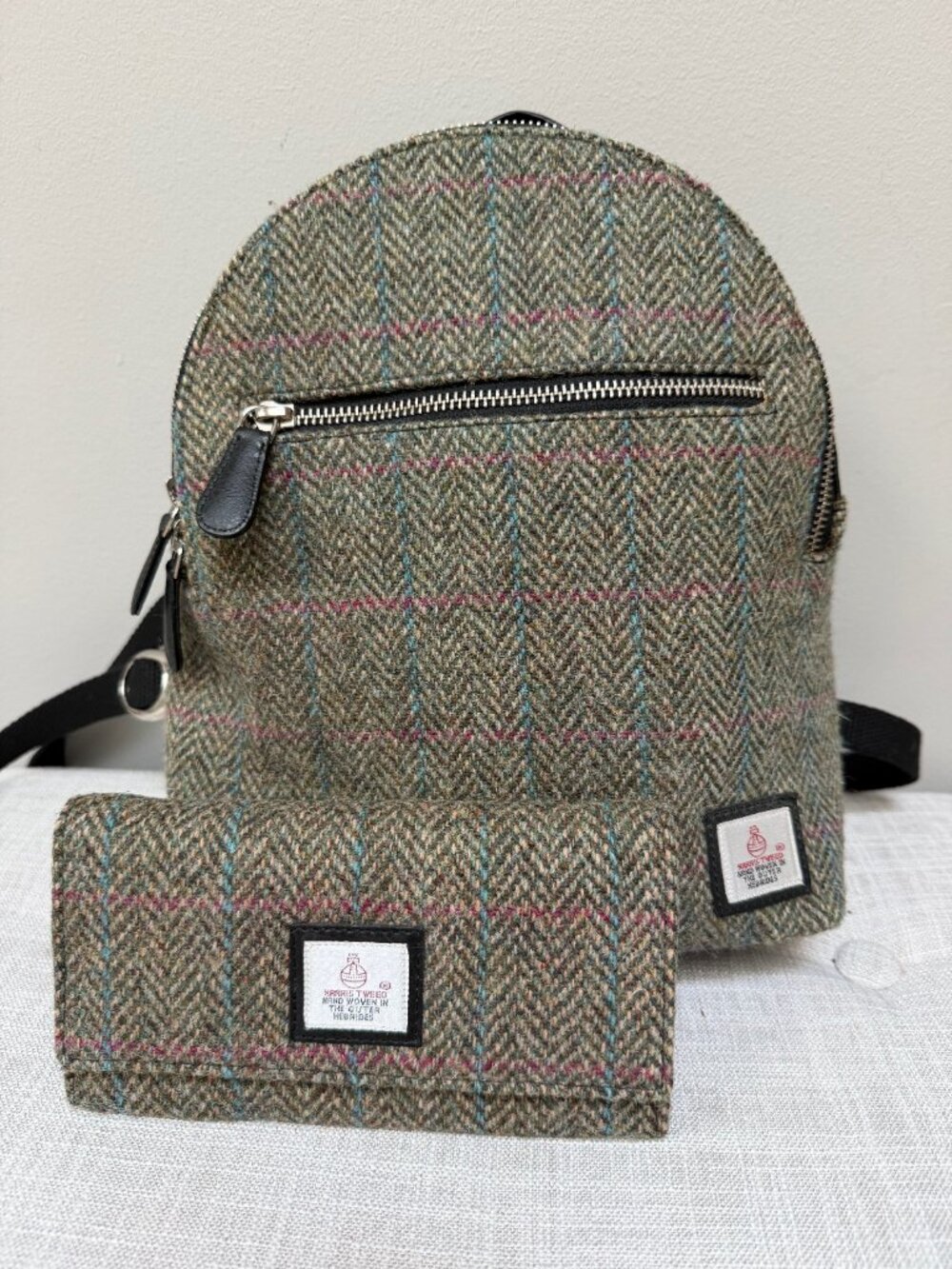 Maccessori Green Harris Tweed Wool Mini Backpack Purse + Matching Wallet